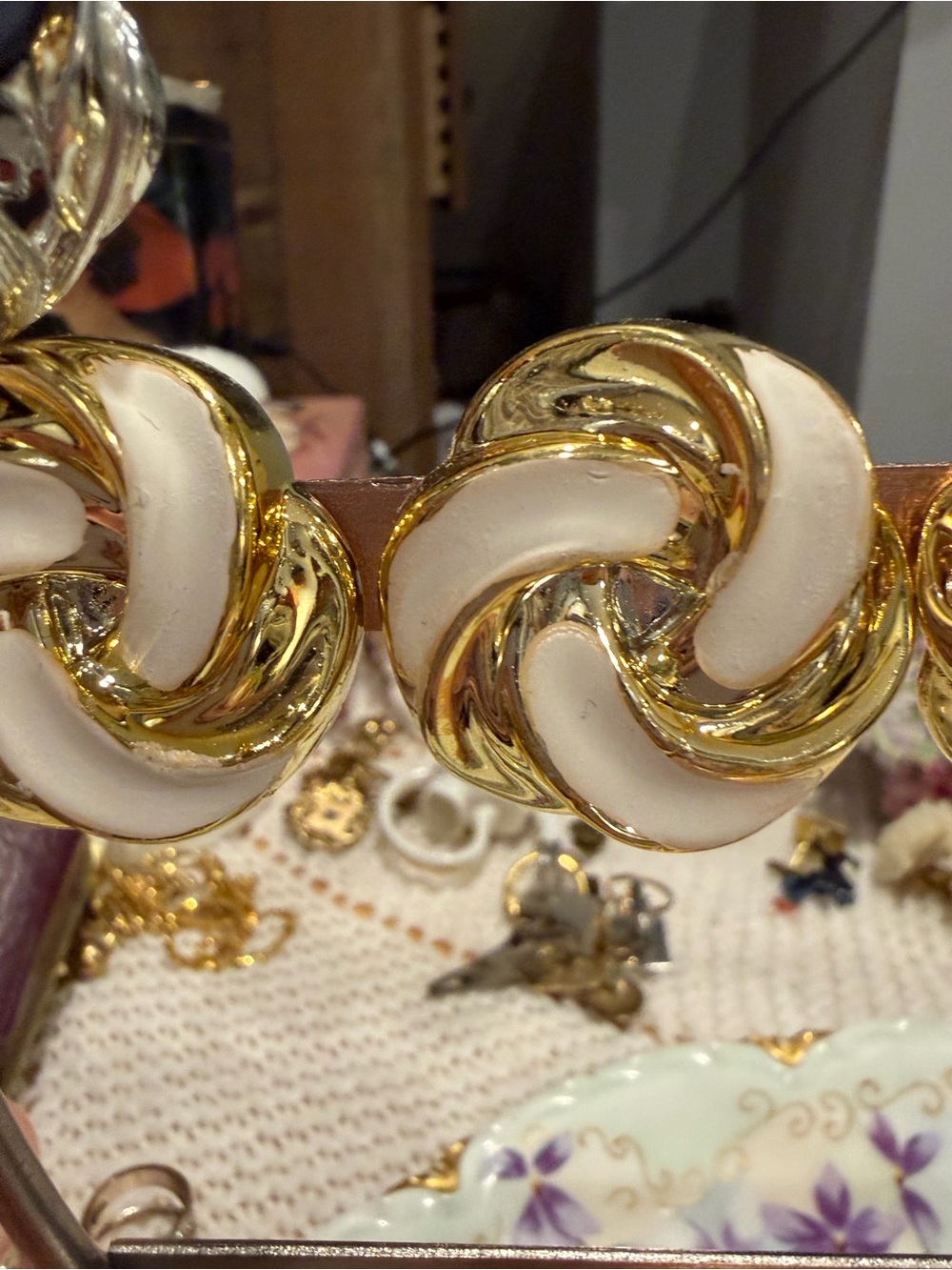 Gold and White Swirl Clip-On Earrings
